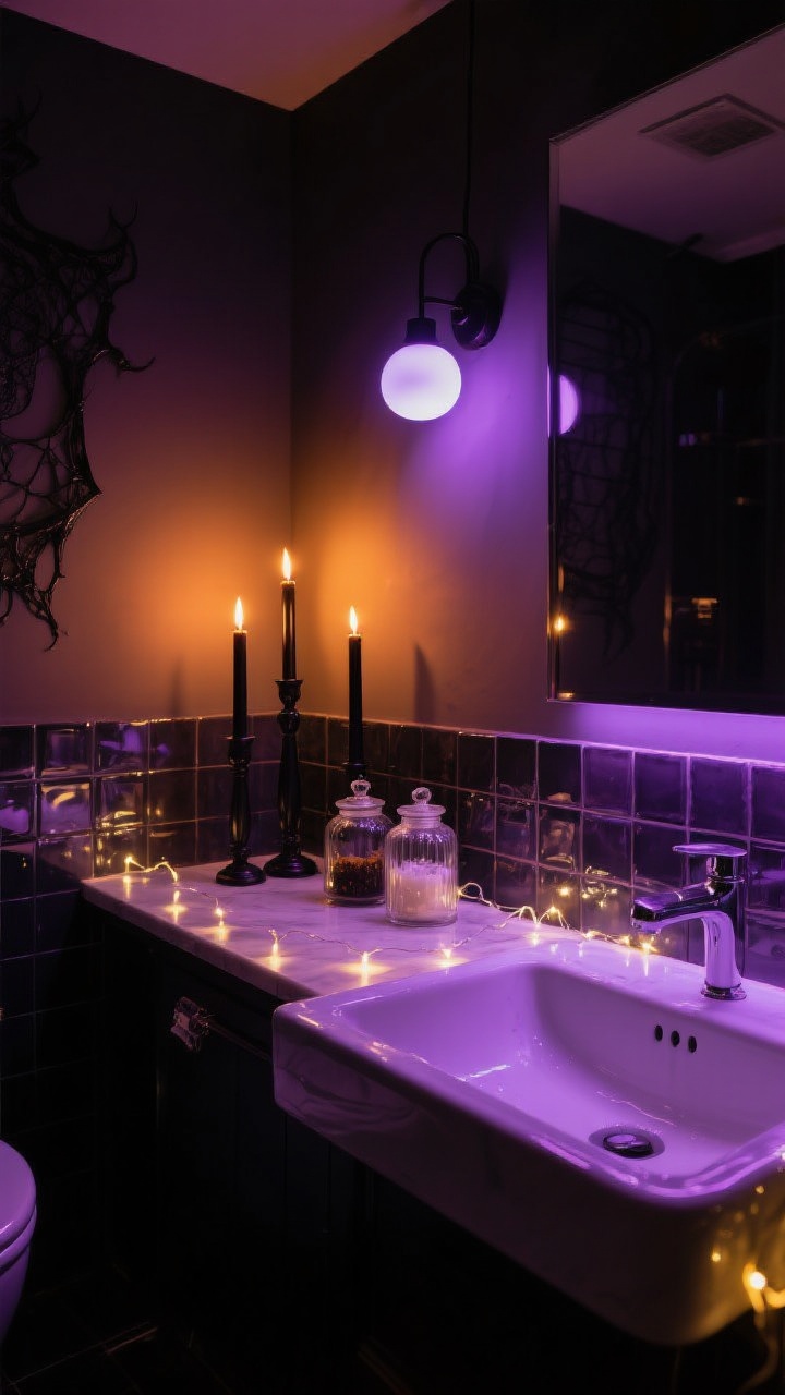Wide shot of a bathroom transformed by moody lighting: warm amber and subtle purple LED bulbs casting a witchy glow; battery-operated black taper candles on the vanity flickering like real flame; apothecary jars on the counter softly lit with tucked-in fairy lights; safe, dry placement away from sink splashes; reflective tile and smoked glass accents amplifying the atmosphere; overall dark, cozy, gothic ambience.