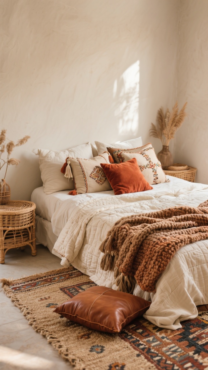 Wide shot of a boho bedroom focused on rich layering of textures: breathable cream linen sheets, a hand-stitched quilt, and a chunky woven throw piled at the foot; an assortment of pillows mixing tassels, embroidery, and smooth rust velvet; a natural jute rug with a patterned kilim layered on top; touches of rattan and a small leather accent cushion for edge. Soft morning natural light, warm and cozy mood, neutral walls to let textures pop, straight-on view. No people.