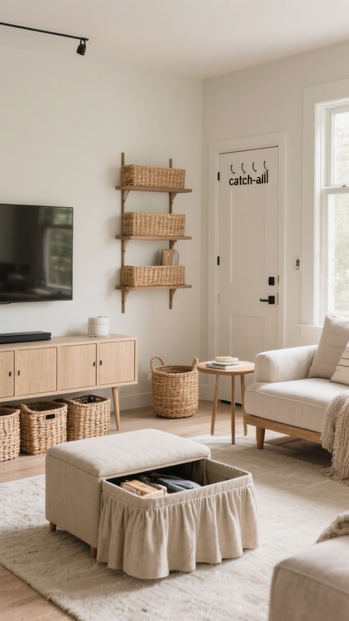 Wide shot of a calm living room with attractive storage: a storage ottoman and a media console with closed doors conceal clutter; a skirted side table hides extras; woven baskets under a bench and on shelves for warmth; vertical storage with wall shelves and over-door hooks; neutral palette with rattan textures and soft lighting; a “catch-all” basket near the doorway; photorealistic, tidy and cozy.