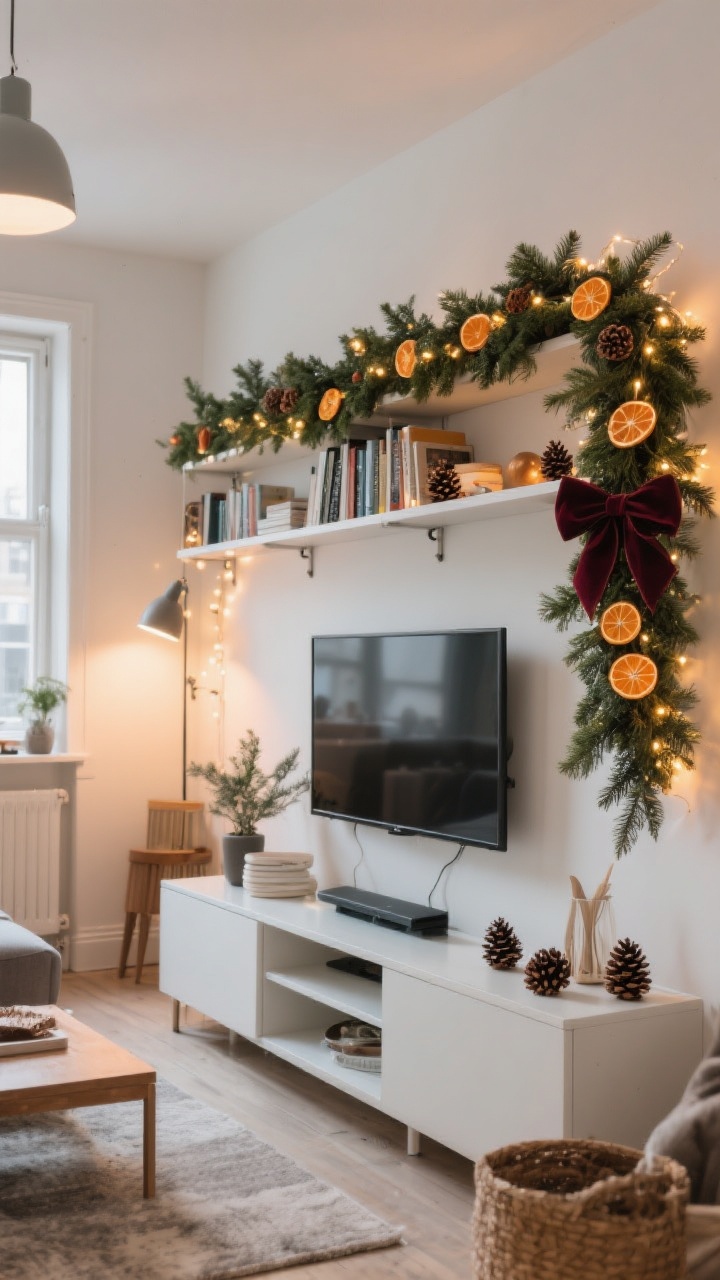 Wide shot of a compact apartment living area with a statement garland draped along the top of a bookshelf and over a TV console; layered with one lush faux garland and one fresh evergreen garland for dimension, woven with warm fairy lights, and tucked-in dried orange slices, pinecones, and velvet bows; secured invisibly as if with removable hooks; soft ambient lighting, clean modern styling.