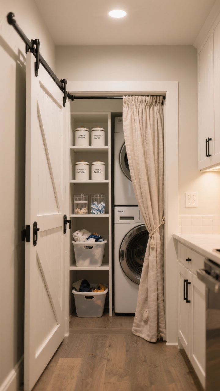 Wide shot of a compact laundry nook in a hallway, fully camouflaged: sliding barn doors in matte white with black hardware partially open to reveal organized shelves with matching labeled canisters and bins. On the opposite setup, a soft fabric curtain on a tension rod conceals the machines. Include opaque containers for messy items and a few clear canisters for dryer sheets. Coordinated finishes echo adjacent kitchen cabinetry. Warm, cozy ambient lighting, clutter-free, photorealistic.