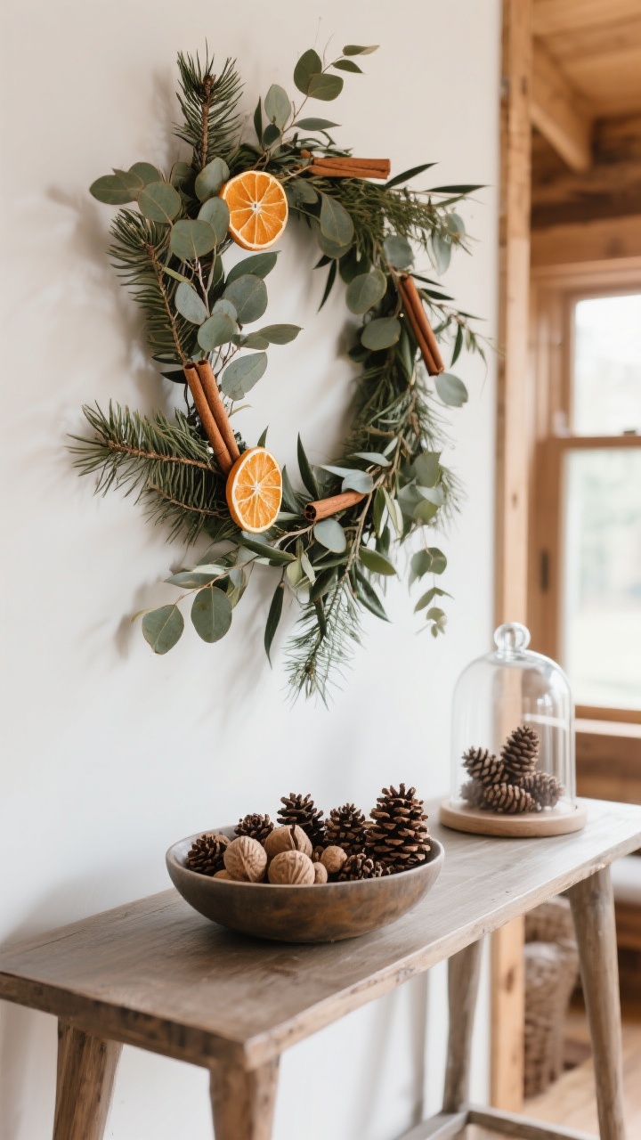 Wide shot of a console table vignette showcasing nature indoors: a loose, imperfect garland of eucalyptus, pine, and olive branches swooping asymmetrically across the top; dried orange slices and cinnamon sticks intertwined for color and scent; a low bowl filled with foraged pinecones and seed pods next to a glass cloche displaying a small cluster of cones; natural light and a lightly rustic, cabin-cozy mood.