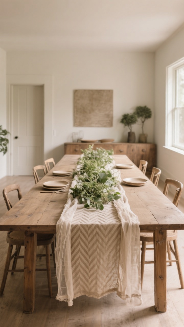 Wide shot of a dining table anchored by a long, slightly oversized runner: choose linen or soft herringbone in a warm neutral, with a gauze runner subtly layered beneath greenery for romance; the middle deliberately cleared for platters; overall palette in earthy neutrals; gentle morning light; scene feels reusable and practical yet elevated.