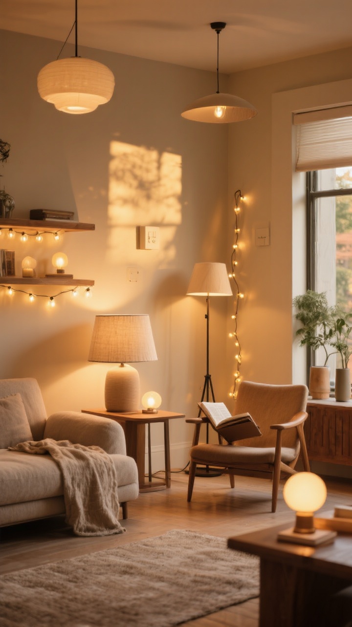 Wide shot of a living room bathed in golden-hour vibes: multiple lighting layers including a table lamp with a linen shade on a side table, a floor lamp positioned behind a chair for reading, and string lights draped subtly along a shelf; all bulbs at 2700–3000K, with a wall dimmer set low; warm, dreamy ambiance with gentle shadows and highlights on textured surfaces.