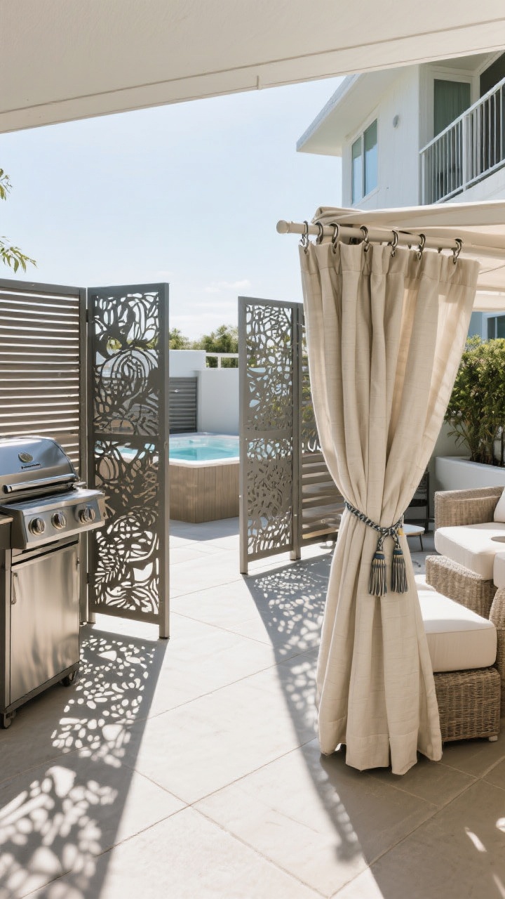 Wide shot of a renter-friendly patio divided into zones using modular privacy screens: laser-cut metal panels with artsy patterns filtering light between two patios, a set of adjustable louvered panels near a grill/hot tub area, and outdoor fabric curtains on marine-grade hardware with tie-backs creating a breezy cabana nook on a balcony edge; bright, indirect daylight casting patterned shadows; straight-on view to showcase flexible placement and layered screening.