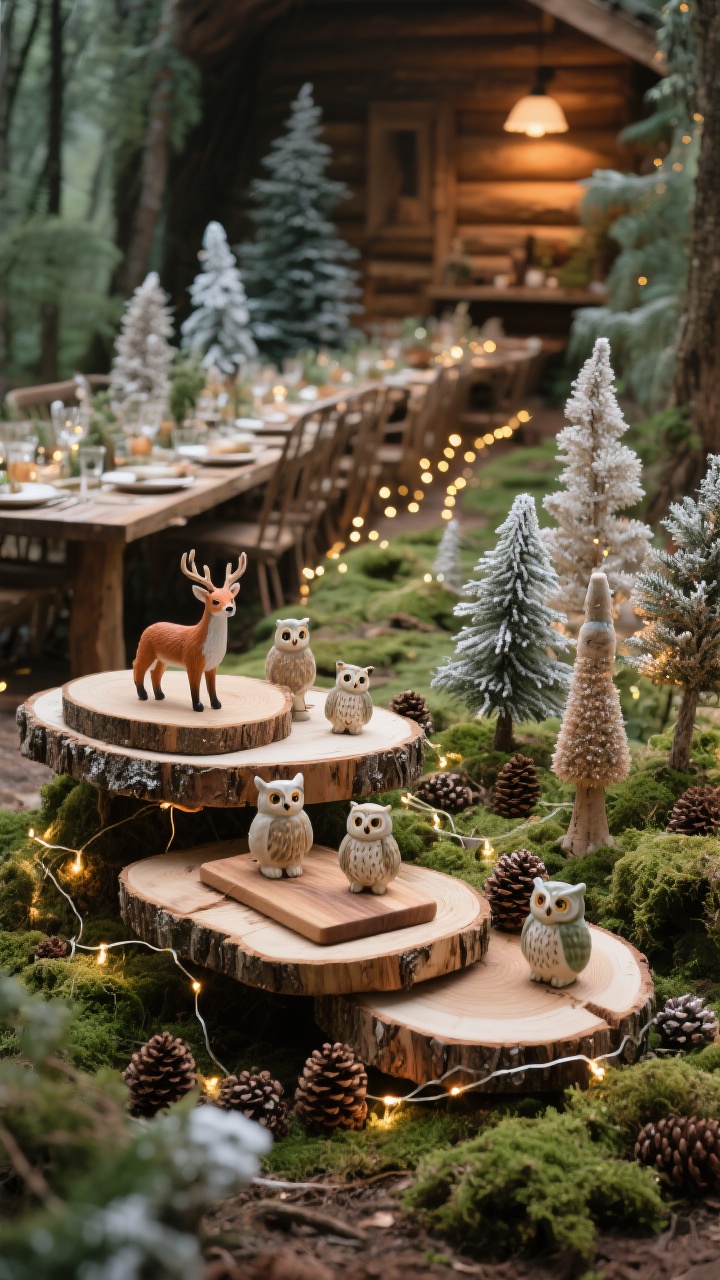 Wide shot of a rustic woodland tablescape: natural wood slices and cutting boards used as tiered platforms; a meandering scene of bottlebrush trees in mixed sizes and textures (flocked, natural, lightly glittered), patches of moss, and pinecones; small ceramic woodland creatures (deer, foxes, owls) grouped in odd numbers for balance; warm micro-lights threaded through to create a cozy, whimsical glow; earthy palette of greens, browns, and soft whites; warm, cabin-like ambient lighting.