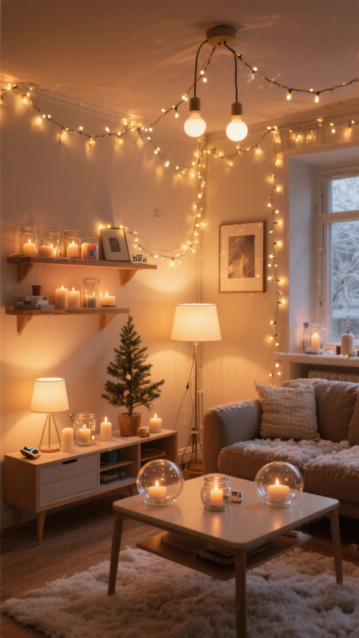 Wide shot of a small apartment living room transformed by warm lighting: table lamps and overhead bulbs at 2700K, layered with string lights and clusters of fairy lights in glass bowls and jars on shelves; battery candles on timers glowing on a console; optional clip-on candle lights on a small tree for a vintage nod; the overall scene feels like a cozy snow globe.