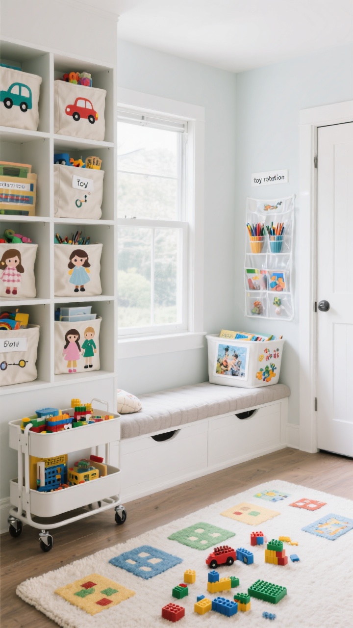 Wide shot of a storage-focused play wall kids actually use: white cubby shelves with labeled fabric bins (icons for cars, dolls, crafts), a rolling cart parked beside the play rug loaded with LEGO and magnet tiles, and an over-the-door clear-pocket organizer filled with art supplies and tiny treasures. A window seat with lift-up storage doubles as a reading perch with a cushion. Labels with pictures are visible; a discreet “toy rotation” bin sits in the closet nook. Bright, even daylight emphasizes accessibility and simplicity.