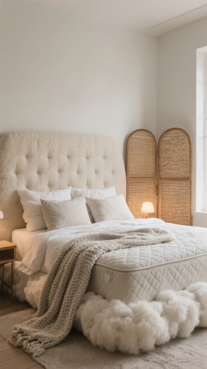 Wide shot of a studio bed-as-centerpiece: a cloud-like bed layered with breathable linen sheets in cream, a quilt in soft greige, and a chunky knit throw at the foot; fluffy essentials include a visible mattress topper loft and stacked soft + firm pillows; a textured headboard in upholstered oatmeal fabric; a folding screen in rattan used to zone the sleeping area; warm, diffused bedside lighting; photorealistic, serene and plush.