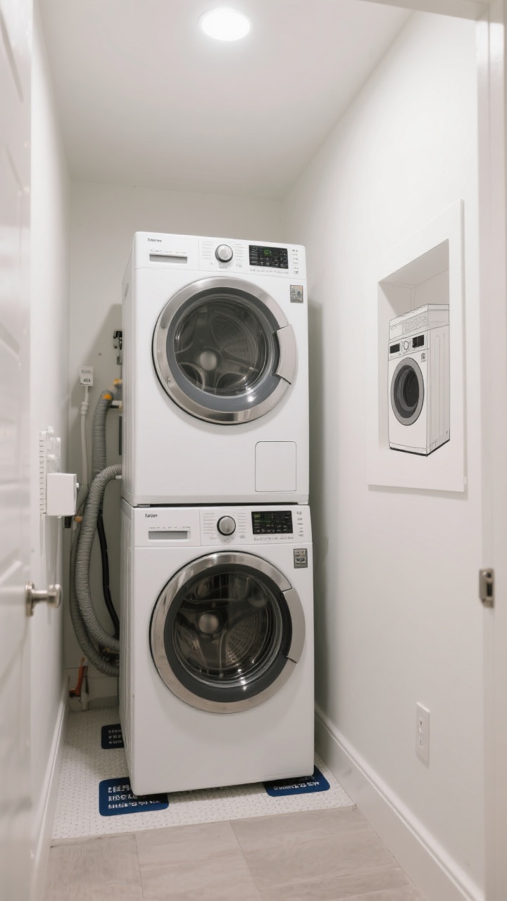 Wide shot of a tight utility closet turned laundry with space-savvy appliances: a stackable washer-dryer set with a few inches of clearance behind, anti-vibration pads visible beneath, and tidy hose management. Include a compact ventless heat-pump dryer model identifier on the panel, and an alternative all-in-one combo unit shown in a nearby mockup alcove graphic on the wall. Clean white walls, soft overhead lighting, functional and modern, photorealistic.