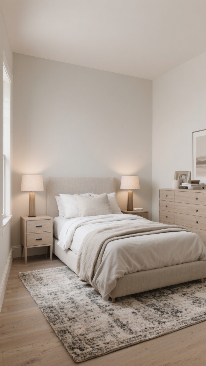 Wide shot of a tiny bedroom layout with correctly scaled pieces: a pair of slim nightstands 14–18 inches wide with single drawers (tall rather than deep), petite lamps with drum shades, and a large 6x9 rug under a queen bed to ground the space; one substantial dresser instead of multiple small items; clean lines, neutral palette, soft ambient lighting