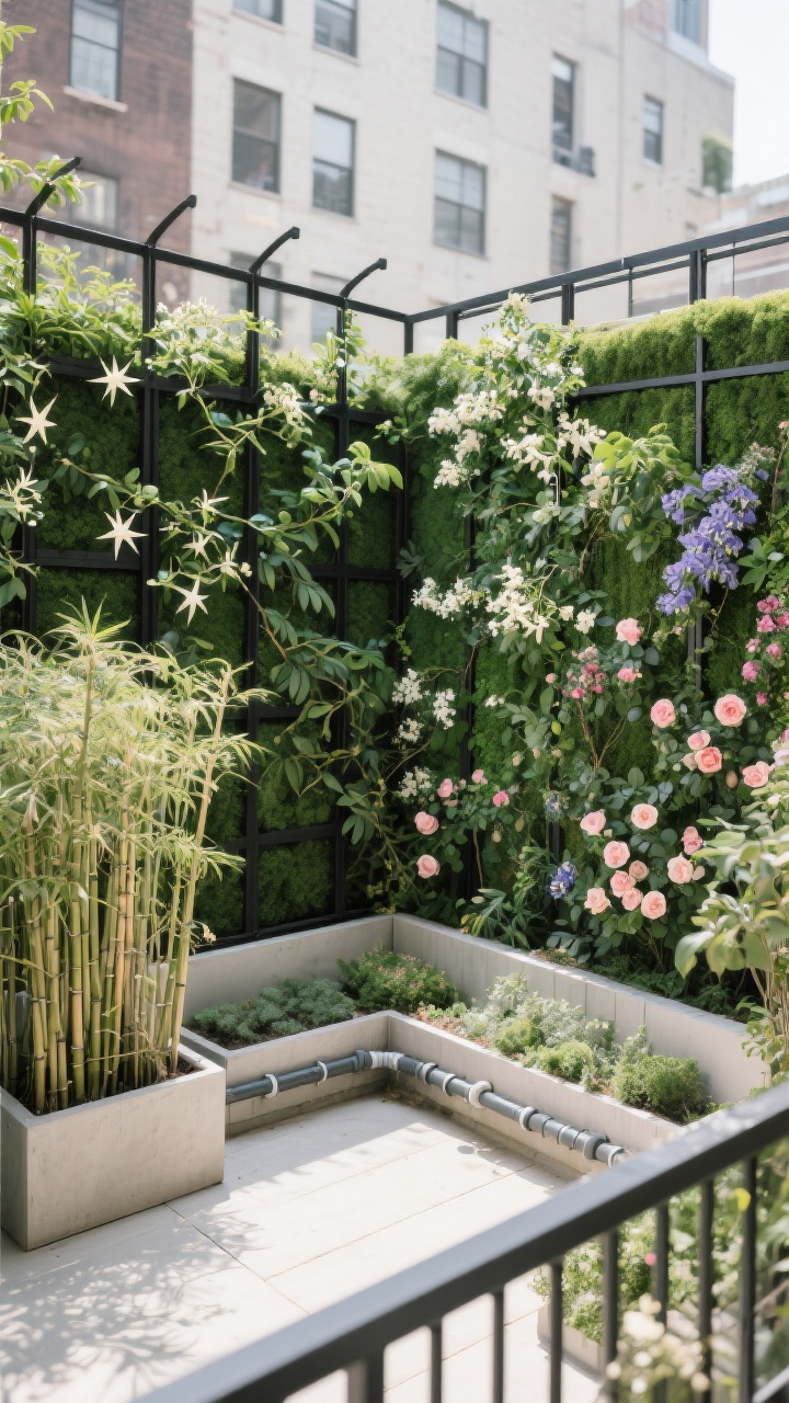 Wide shot of an urban courtyard with a living green wall: powder-coated black metal trellises mounted a few inches off a backdrop fence, lush evergreen vines like star jasmine and Carolina jessamine climbing, interspersed with flowering climbers such as clematis and climbing roses for seasonal color; clumping bamboo in rectangular planters forming a dense screen; integrated drip irrigation tubing along the base; layered raised planters hiding ground-level gaps; overhead angle from a balcony capturing the soft, organic privacy and botanical feel in bright, diffused daylight.