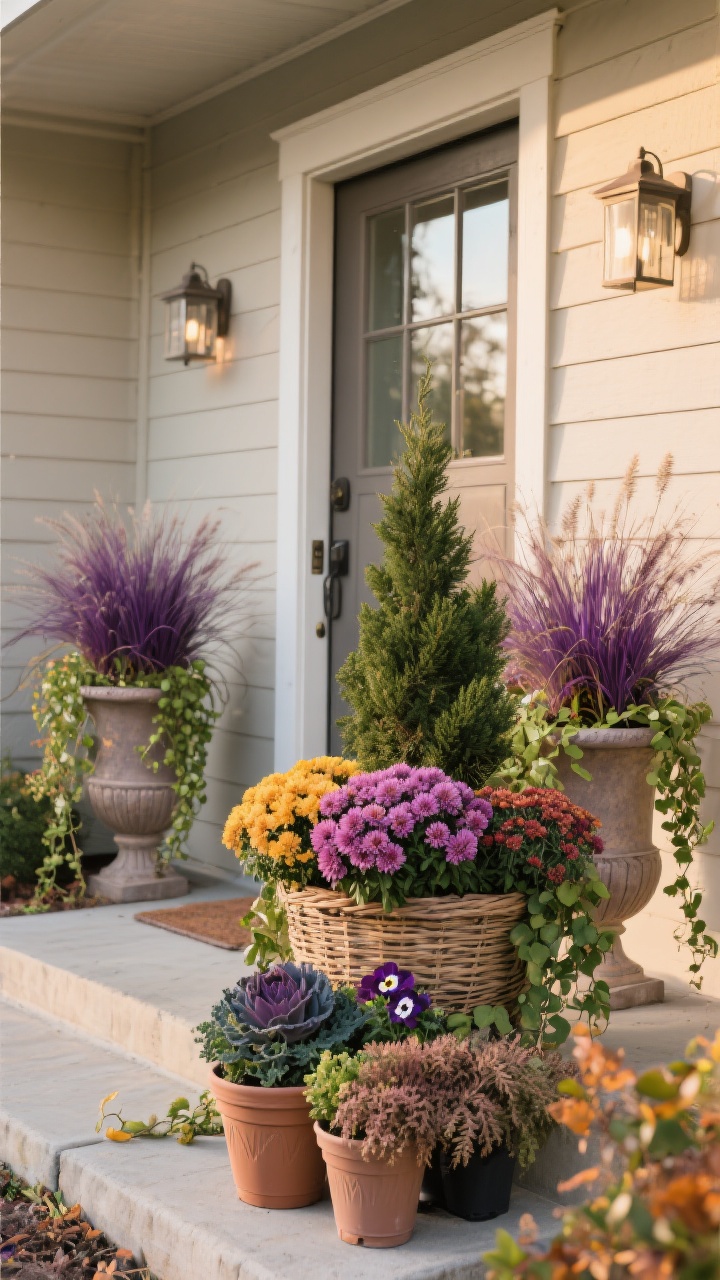 Wide shot of fall planters flanking a front door: urns and baskets containing a thriller-filler-spiller combo—purple fountain grass or a small conifer (center height), mums and asters (chunky color), trailing ivy and creeping jenny spilling over; include ornamental kale, pansies, and heuchera for depth; late-afternoon natural light; show plastic nursery pots nested inside nicer containers for easy swap; neutral siding background, no people.