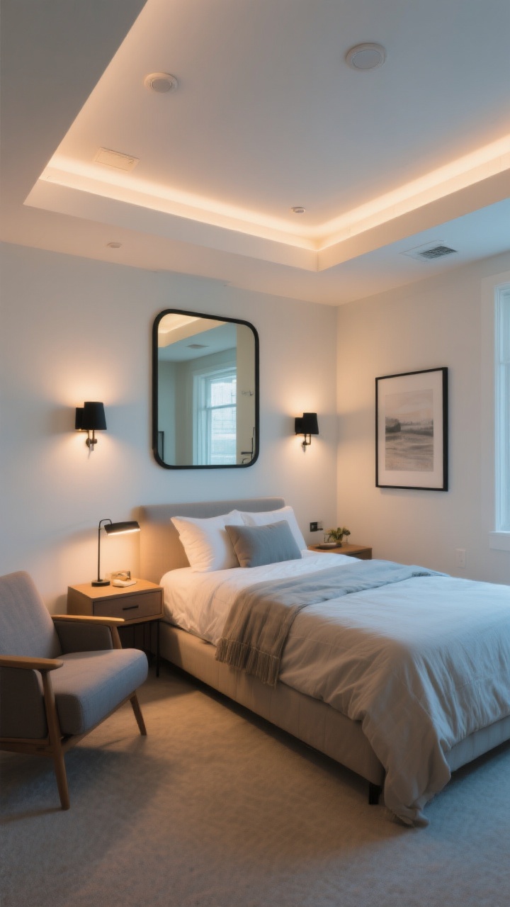 Wide shot, photorealistic basement bedroom focused on layered lighting: recessed LED ceiling lights on dimmers casting a warm 2700K–3000K glow, matte black hardwired wall sconces flanking the bed to free nightstand space, a warm-glow task lamp on one nightstand and a slim reading light by a lounge chair; a large mirror with a thin black frame placed opposite a light source to bounce light and visually expand the room. Neutral warm-white walls, minimal artwork, low-profile bed with simple linens. Mood: intentional, cozy brightness without harsh blue tones.