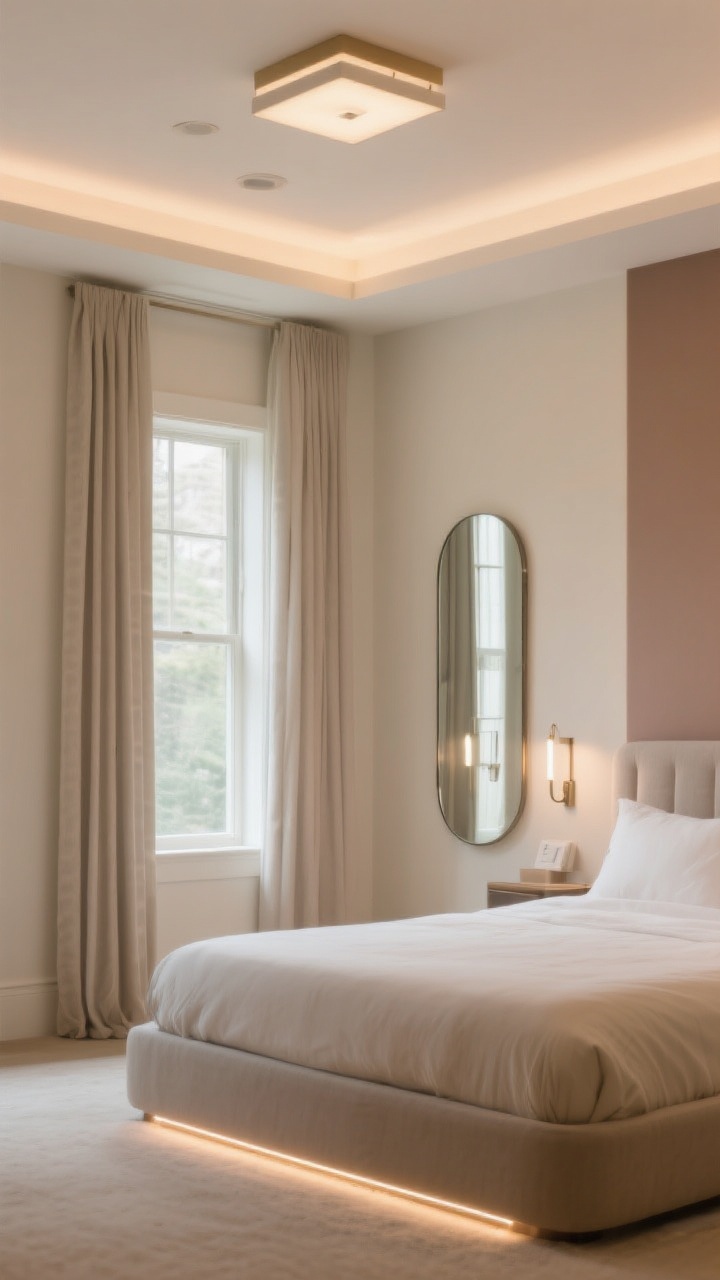 Wide shot showcasing light, color, and mirrors to enlarge the space: tall mirror placed opposite a window to bounce natural light, curtains hung high and wide to elongate walls, walls in a pale warm neutral (soft oatmeal/warm greige) with a slightly deeper accent color on the headboard wall; layered lighting including a ceiling fixture on a dimmer, slender bedside sconces for task light, and a subtle LED strip nightlight under the bed base for a tiny glow source; eggshell/satin paint finish gently reflecting light; photographed straight-on to maximize perceived square footage