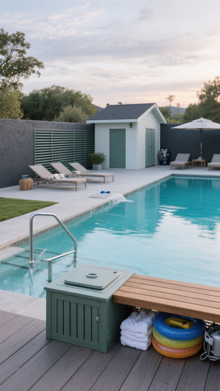 Wide shot, soft overcast or early evening: A pristine pool scene where maintenance is part of the aesthetic. A slatted deck box (wood or powder-coated) doubles as a bench, neatly storing floats and towels; equipment is concealed behind louvered screens or a small matching utility shed. A color-matched skimmer lid blends into the deck; visible metal elements are powder-coated. The water is crystal clear, with a streamlined routine implied by tidiness. Optional nods to renovations: a shallow Baja shelf with loungers and an umbrella sleeve, a subtle sheer descent water feature, and dark plaster for a lagoon look. No clutter, photorealistic.