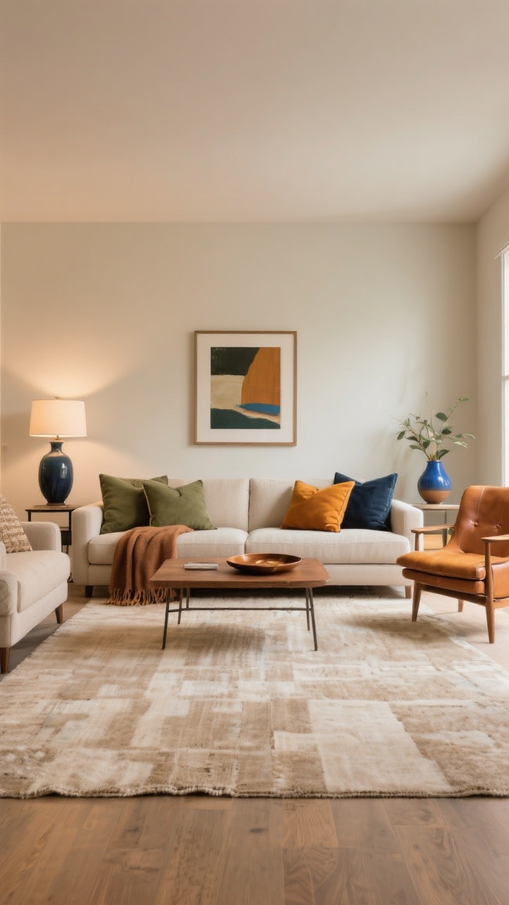 Wide shot, straight-on: A living room styled to a cohesive color story—base in warm neutral (sand/oatmeal rug and sofa), accents repeated at least three times (sage and clay cushions, vase, throw; or navy and caramel in artwork, leather tray, and chair), with one pop hue (marigold or cobalt) appearing in a framed art print and a small pillow; balanced, harmonious palette under soft ambient lighting, photorealistic.