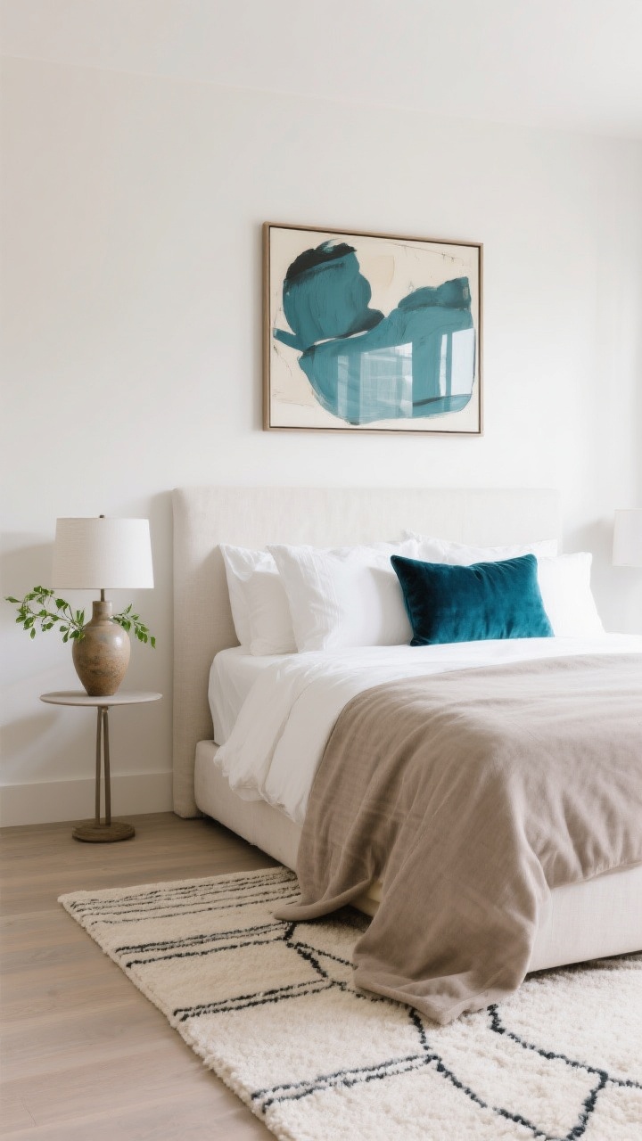 Wide shot straight-on: Personality with restraint—one large statement artwork centered above the bed, a right-sized rug extending 18–24 inches beyond both sides, grounding the space. Tight palette with two main tones (soft taupe and warm white) and one accent color (deep teal) appearing in a velvet pillow and a ceramic lamp. A small vase of fresh green stems on a slim pedestal. Bright, even natural light for a polished, curated look without clutter.