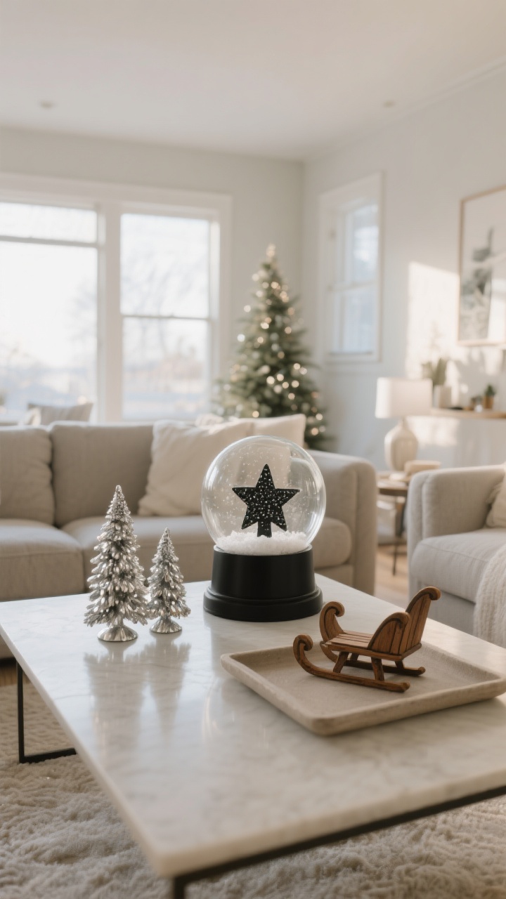 Wide shot, three-quarter room view: A calm, tonal living room where a single playful accent on the coffee table stands out without chaos—an oversized glass snow globe with a chic matte black base as the star. Supporting pieces remain restrained: a small cluster of mercury glass trees and a tiny vintage wooden sleigh on a neutral tray, with the rest of the table clear to keep it uncluttered. Colors are muted and cohesive, minimal holiday tones, balanced composition. Late afternoon ambient light, cozy but not busy, no people.