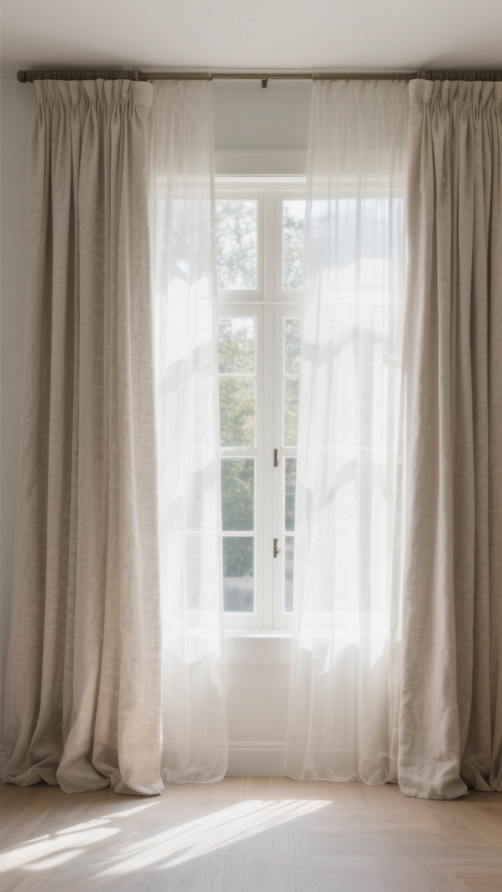 Wide shot: Window wall with soft architecture—linen-blend curtain panels hung high and wide (rod mounted 8 inches above the frame and extending past edges), sheer panels layered with blackout curtains behind, drapes just kissing the floor; daylight streaming in, the fabric’s drape visible, room acoustics softened and framed elegantly.