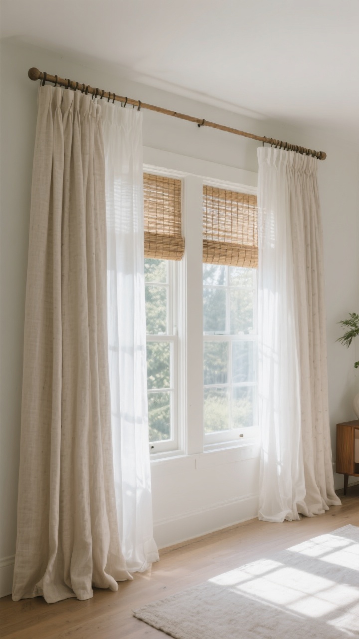 Wide shot: Windows elevated with high-and-wide curtain installation—rods mounted 6–10 inches above the frame and extending 8–12 inches past each side; layered treatments with airy white sheers and natural linen panels that kiss the floor; optional bamboo shade peeking behind for texture, bright daylight filtering through for a soft, elevated feel