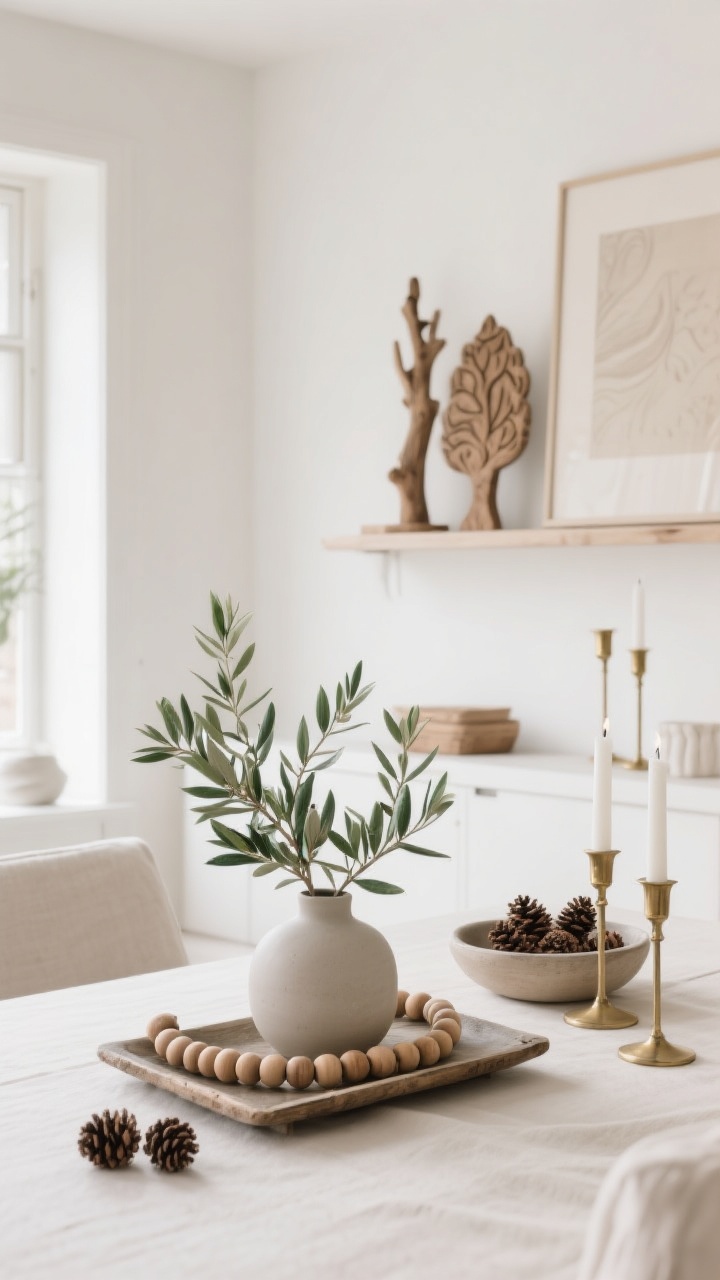 Wide shot with Nordic calm: neutral palette of whites, creams, and soft greens; natural elements include cedar or olive branches in a matte ceramic vase on a rustic tray, wood bead garlands and carved wooden trees on a shelf, and pine cones scattered in a simple bowl; subtle metallic accents like brass candlesticks providing gentle sheen; clean, uncluttered styling, photorealistic.