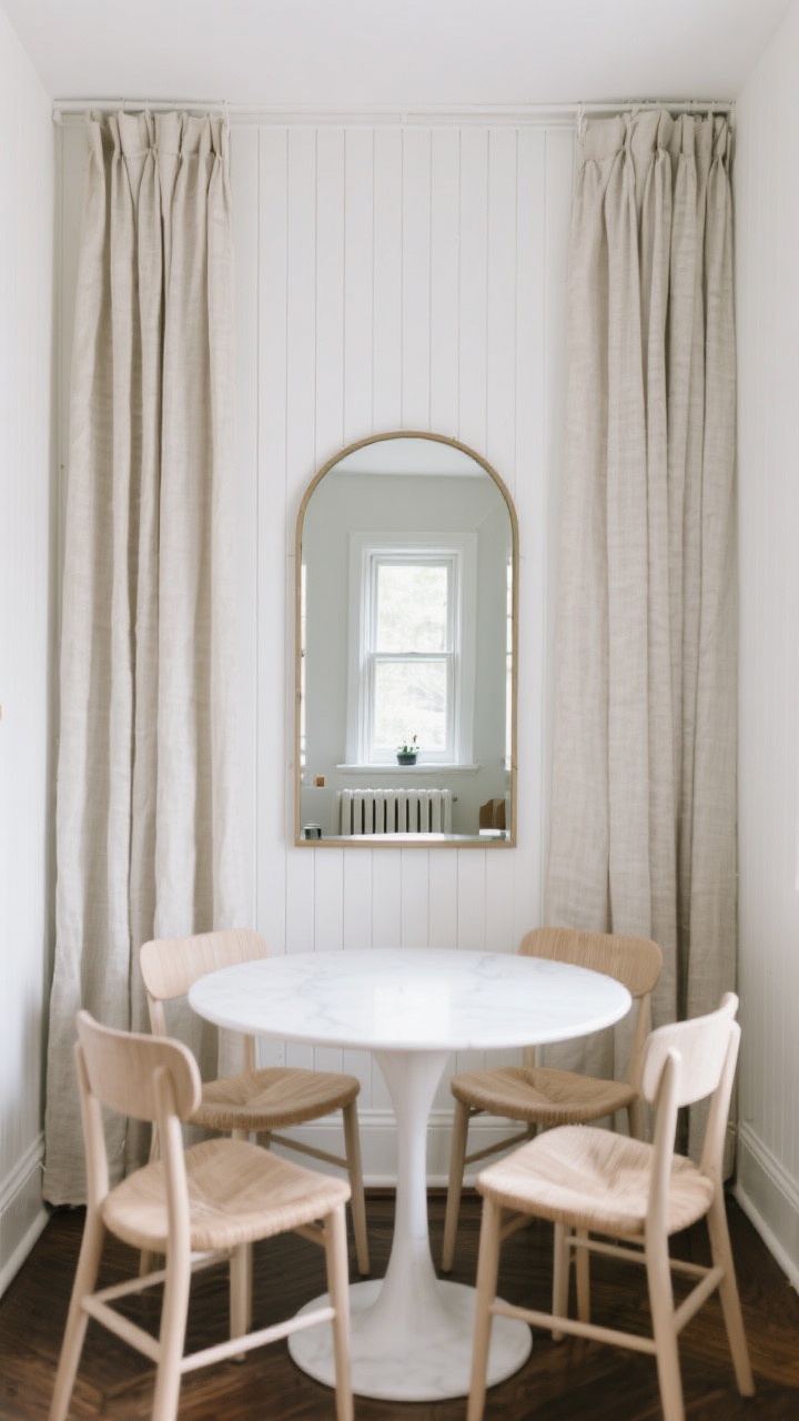 Wide shot with reflective emphasis: A compact dining room featuring a large, simple-frame mirror mounted opposite a small window, doubling natural light and visually expanding the space. Vertical elements: slim, white vertical beadboard or striped wallpaper to elongate the walls. Floor-to-ceiling curtains in a light, linen-like fabric hung high and wide despite the petite window. Round pedestal table and airy chairs reflected in the mirror; clean, uncluttered styling to show less visual noise and more openness.