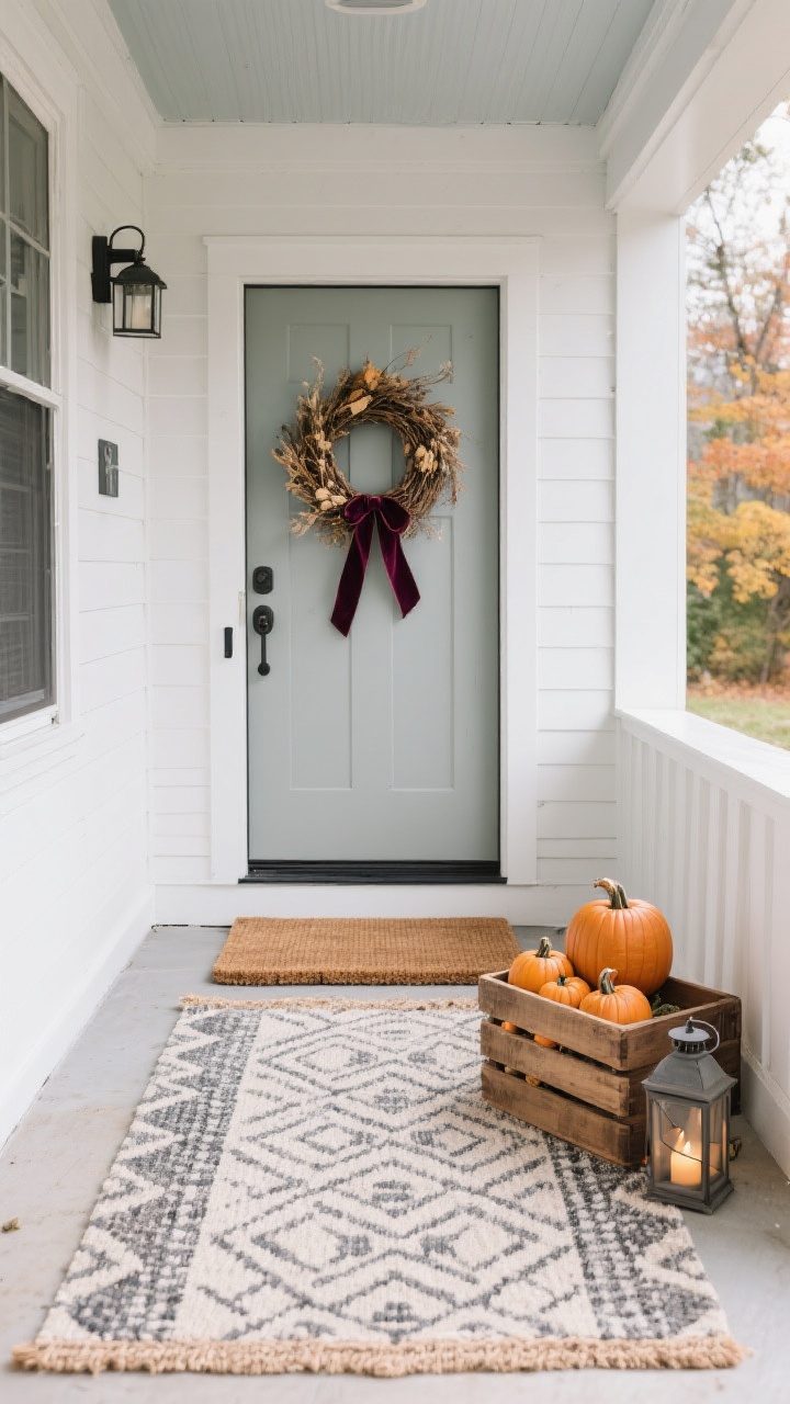 Wide, straight-on exterior entryway shot: layered doormats with a patterned outdoor rug beneath a coir mat; a simple foraged or dried wreath hung on the door with a rich velvet ribbon; a wood crate neatly corralling mini pumpkins and a small lantern. Clean, uncluttered styling, overcast daylight for soft shadows, fall foliage hints in the background.
