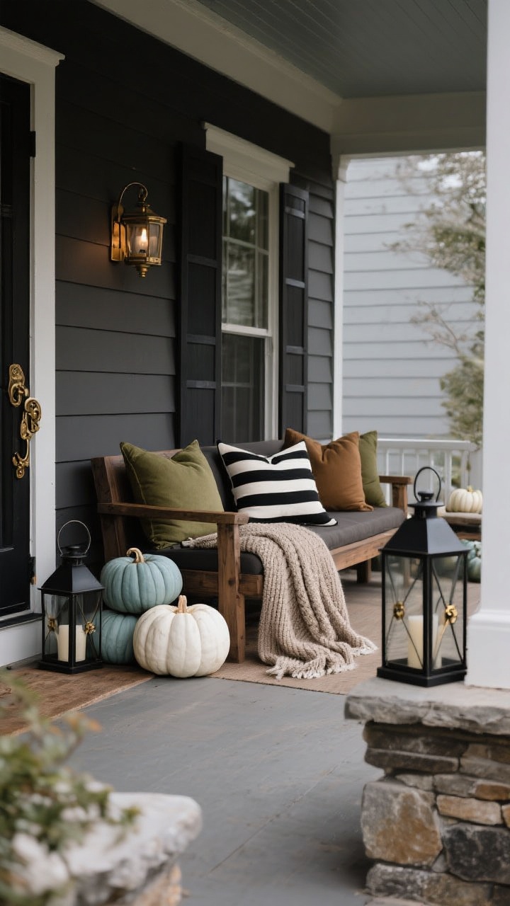 Wide, straight-on porch composition in a neutral, moody palette: charcoal, espresso, olive, camel, and cream dominating; white, sage, and dusty blue pumpkins arranged with black metal lanterns and antique brass hardware accents; taupe knit throw, black-and-cream striped pillow, and olive pillows on seating; wood, metal, and stone mixed for layered texture; softly overcast lighting for a high-end, photogenic look.