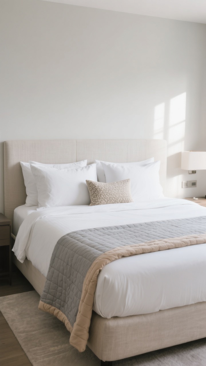 Wide, straight-on shot of a hotel-worthy guest bed setup: crisp white sheets, soft gray lightweight quilt, and a warm beige duvet folded neatly at the foot; headboard upholstered in neutral linen anchoring the bed; four pillows arranged (2 firm, 2 soft) with a single decorative cushion centered; calm palette of whites, soft grays, and warm beiges; soft morning natural light filtering in for a clean, serene, boutique-hotel vibe; no clutter, minimal decor.