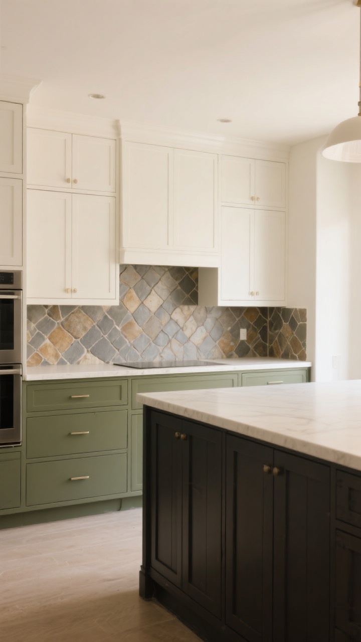 Wide straight-on view highlighting a calm palette: warm white upper cabinets, charcoal-painted island with paneled sides, and olive lower cabinets along a run; backsplash in matte zellige-style tiles with slightly irregular surface and warm gray grout; countertops in creamy white; soft, even daylight; textures: satin cabinet paint, variegated tile glaze, smooth stone; mood: warm neutrals with a grounded moody accent; no people, photorealistic.