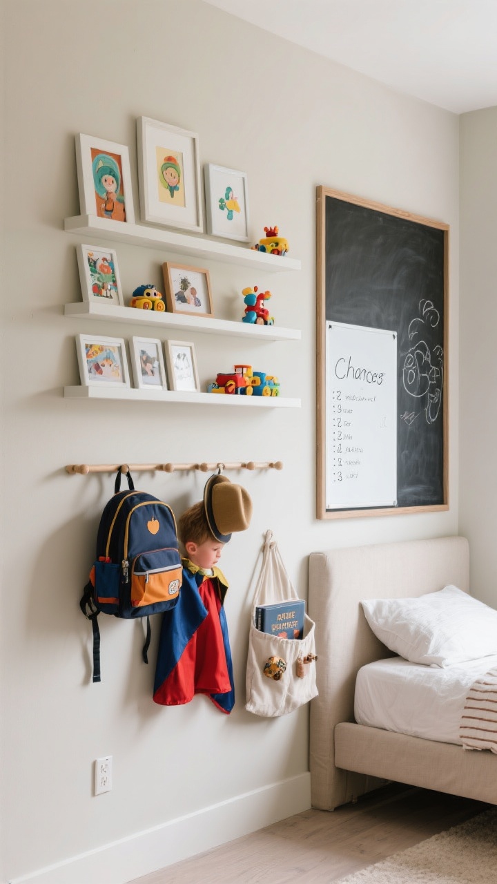 Wide, straight-on wall view using vertical storage: staggered floating shelves displaying current favorite toys, a peg rail at kid height holding a backpack, dress-up cape, and hat, and a slim ledge gallery wall mixing frames for photos and kid art. A chalkboard panel next to a whiteboard section shows doodles and a simple chore list. Fabric hanging pockets near the bed store a book and small treasures. Secure, tidy installations with neutral wall color and balanced daylight for clarity.